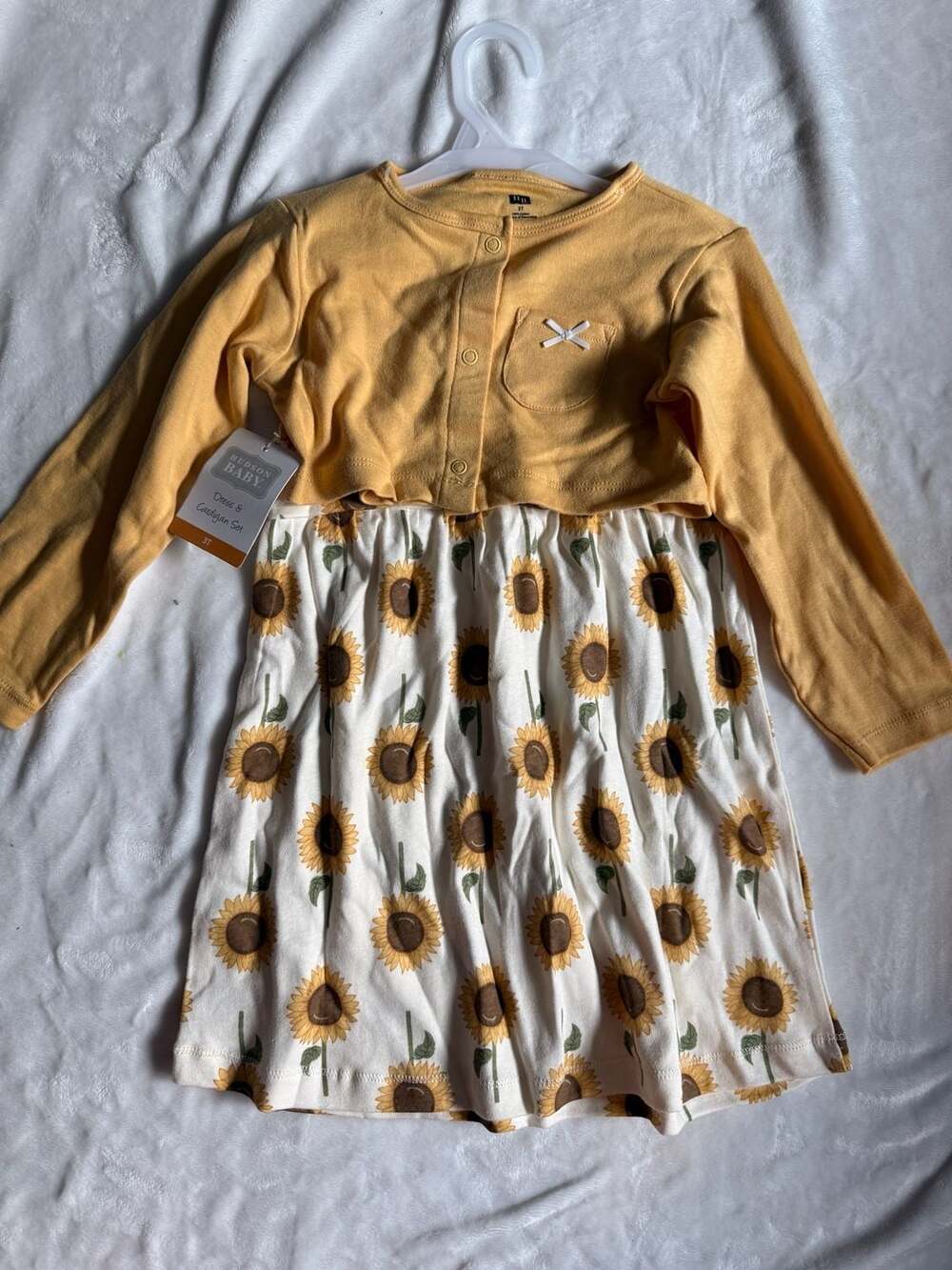 Hudson Baby Toddler Girl Cotton Dress and Cardigan Set, Sunflower Print, Size 3T